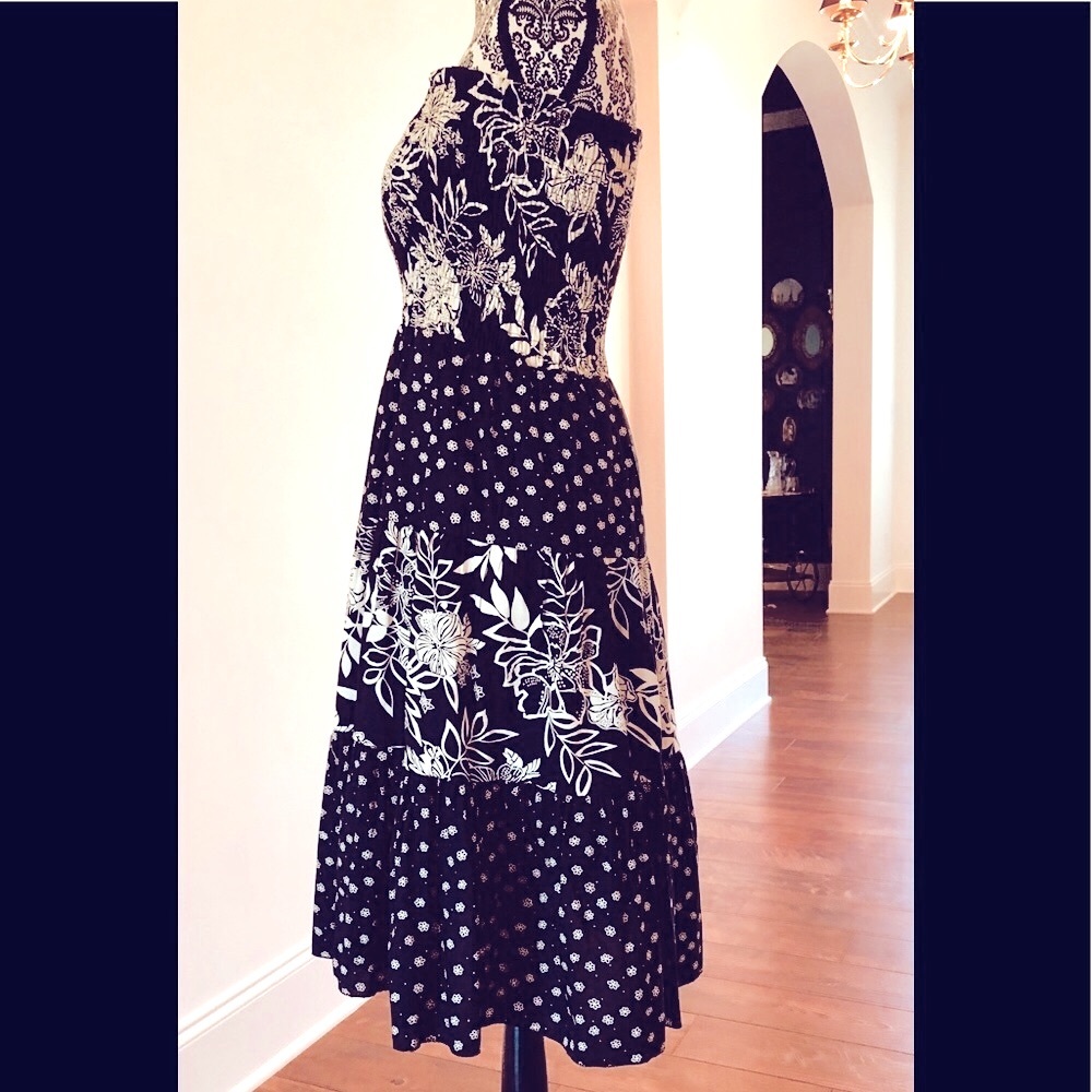 Lanz Lined elastic top black Cotton floral Maxi skirt/dress Size medium